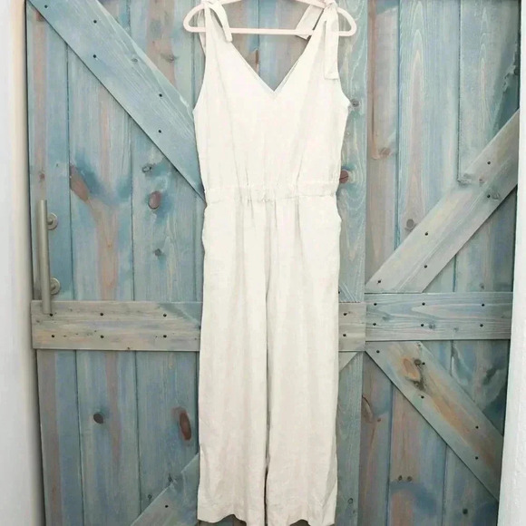Khaki 100% Linen Cropped Jumpsuit Tan Romper Size Small Anthropologie - Picture 2 of 9